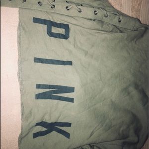 PINK VS military green cropped hoodie